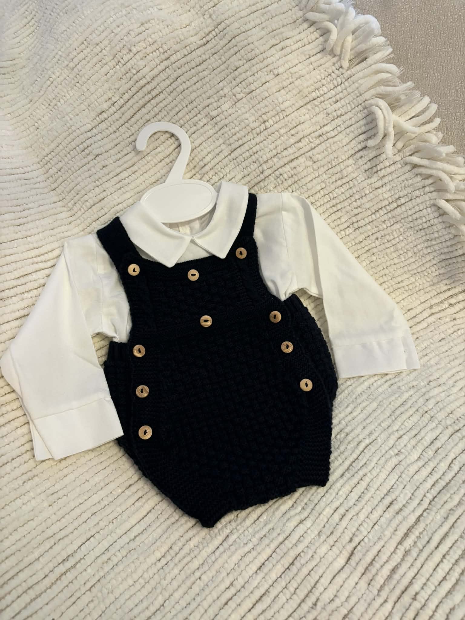 Baby boy 2 piece navy knitted romper & white shirt