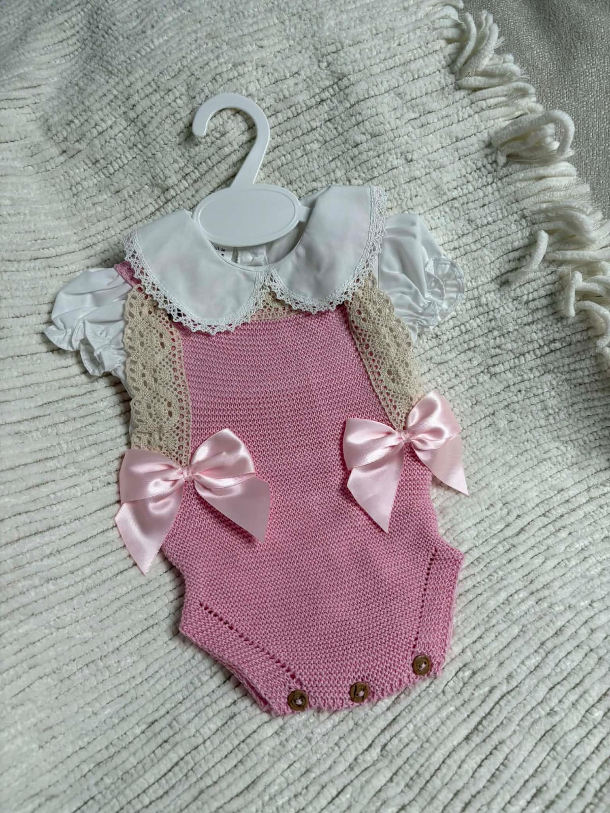 Vintage Lace Knit Romper Set – Blush Pink