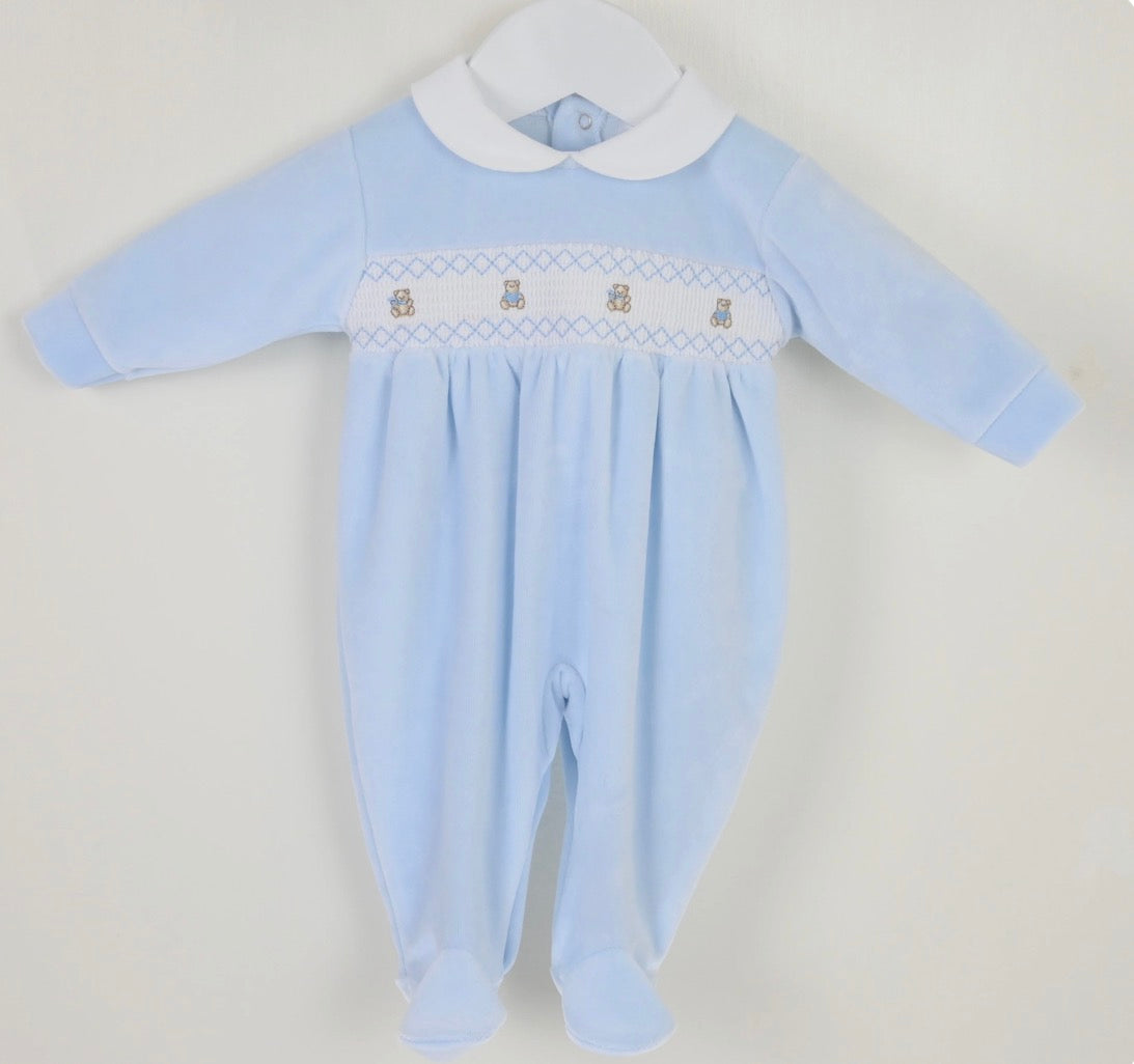 Teddy Smocked Sleepsuit - Blue