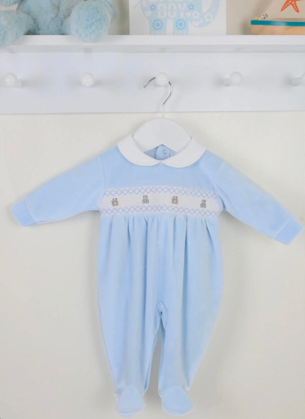 Teddy Smocked Sleepsuit - Blue