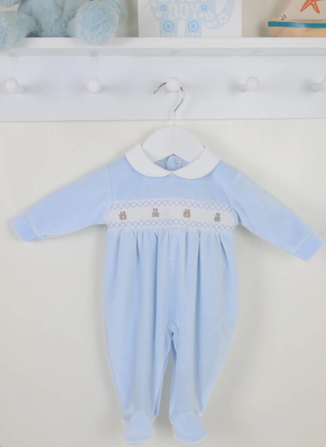 Teddy Smocked Sleepsuit - Blue