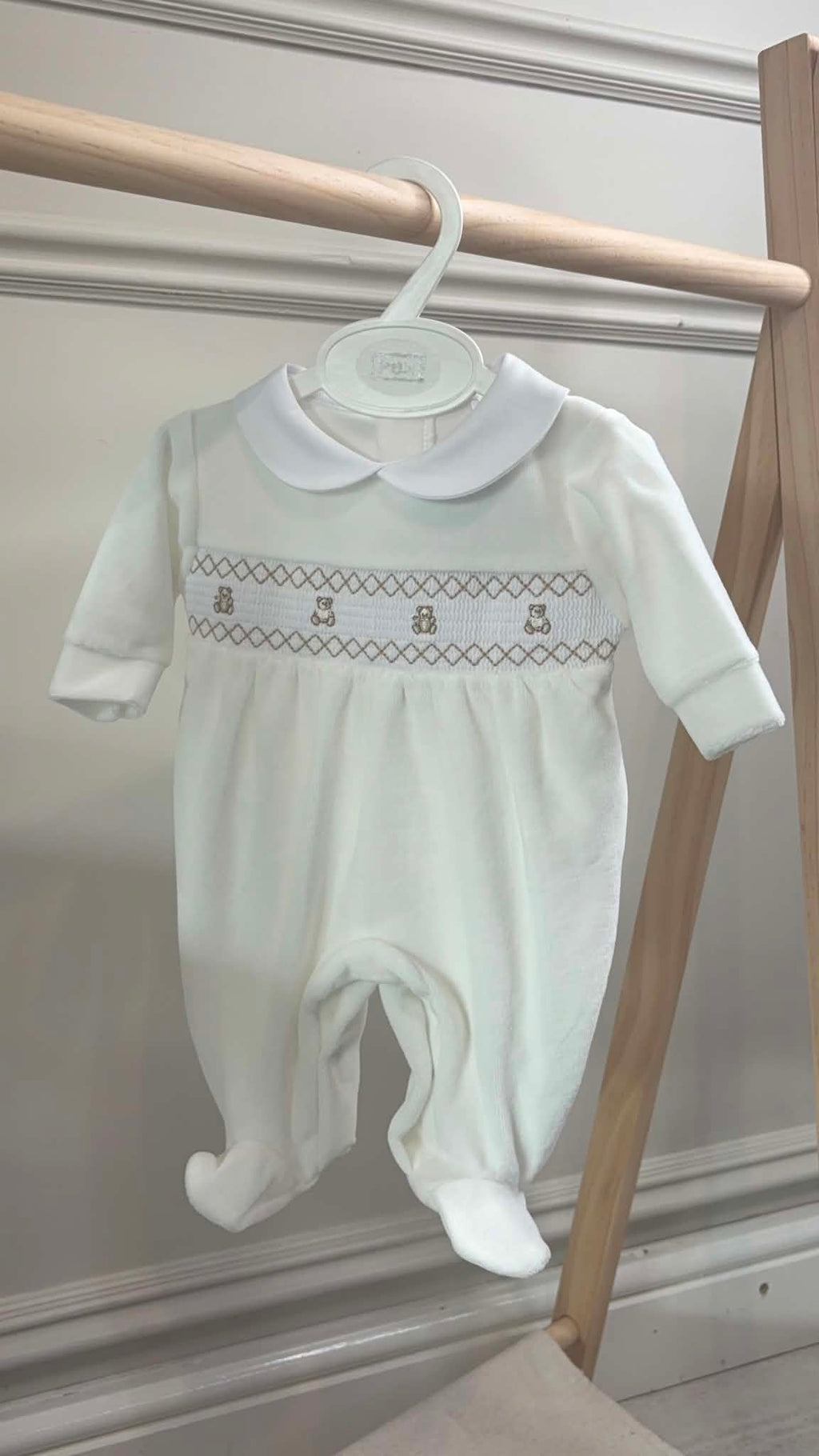 Teddy Smocked Sleepsuit - Ivory