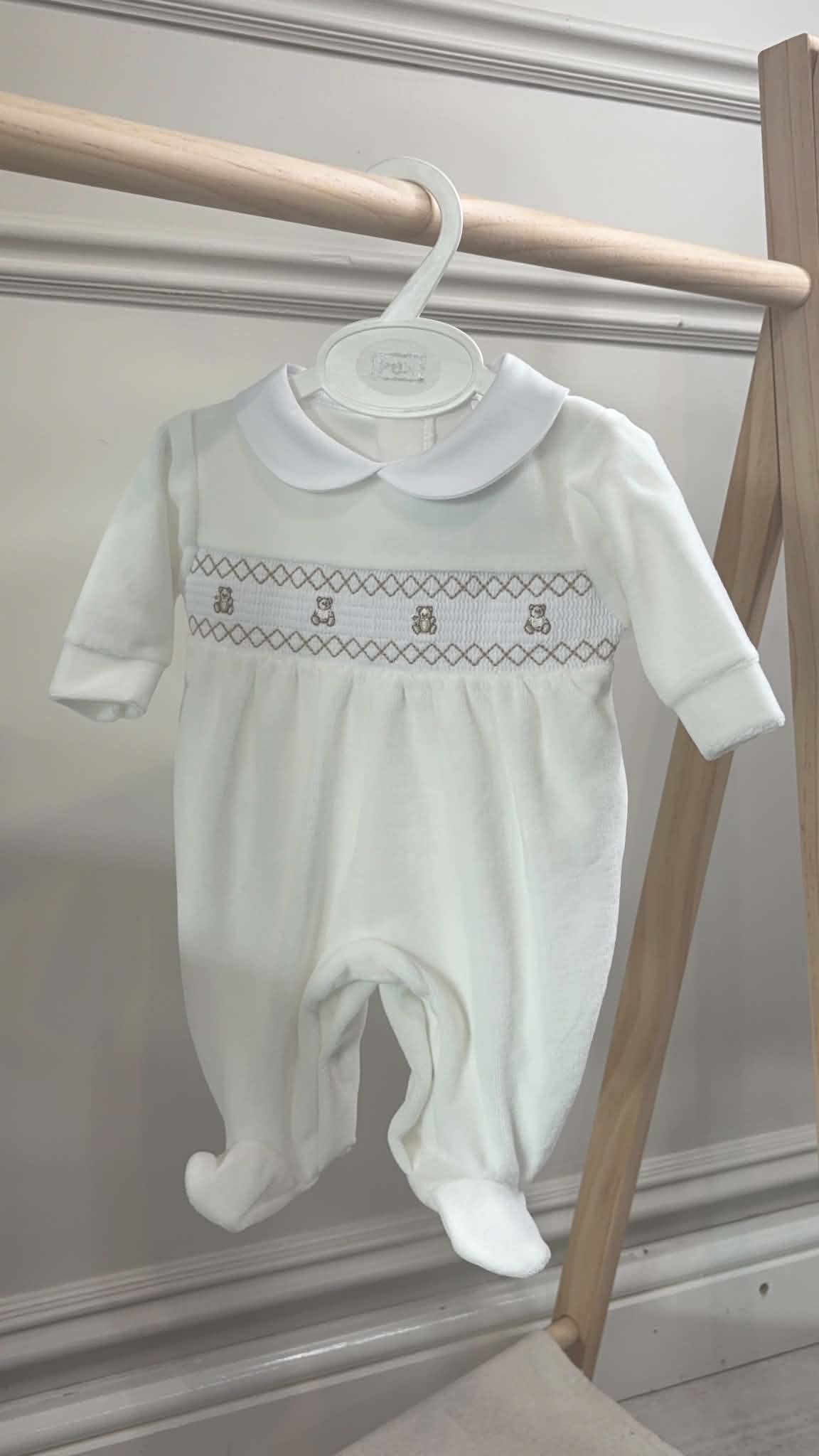 Teddy Smocked Sleepsuit - Ivory